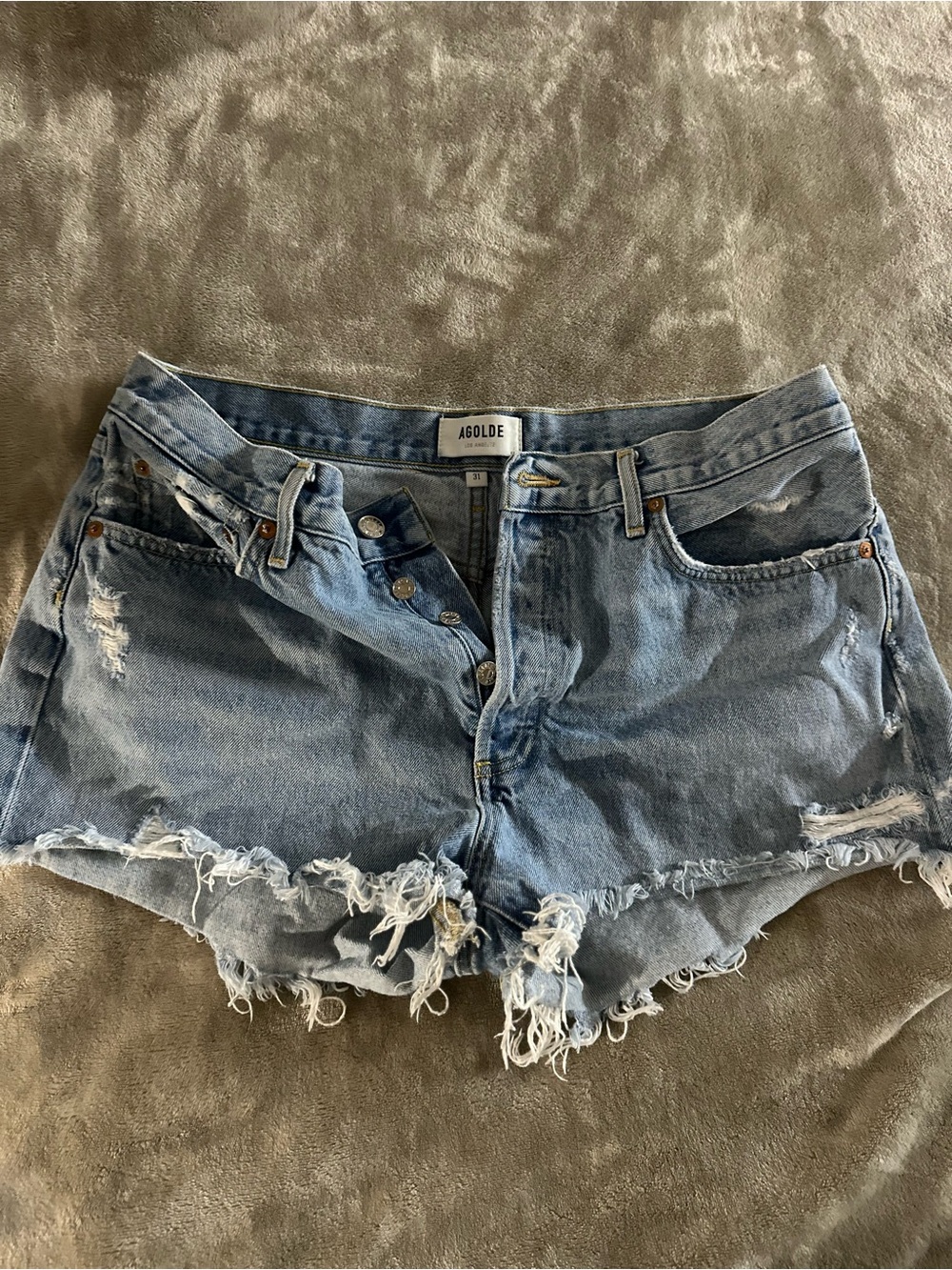 Agolde Light Blue Distressed Denim Cutoff Shorts